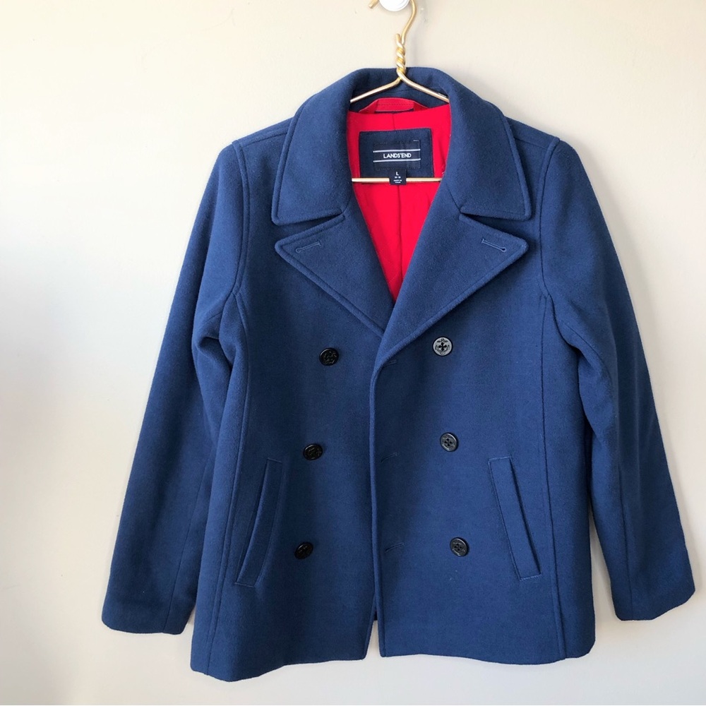 Lands' End Blue Peacoat with Red Lining